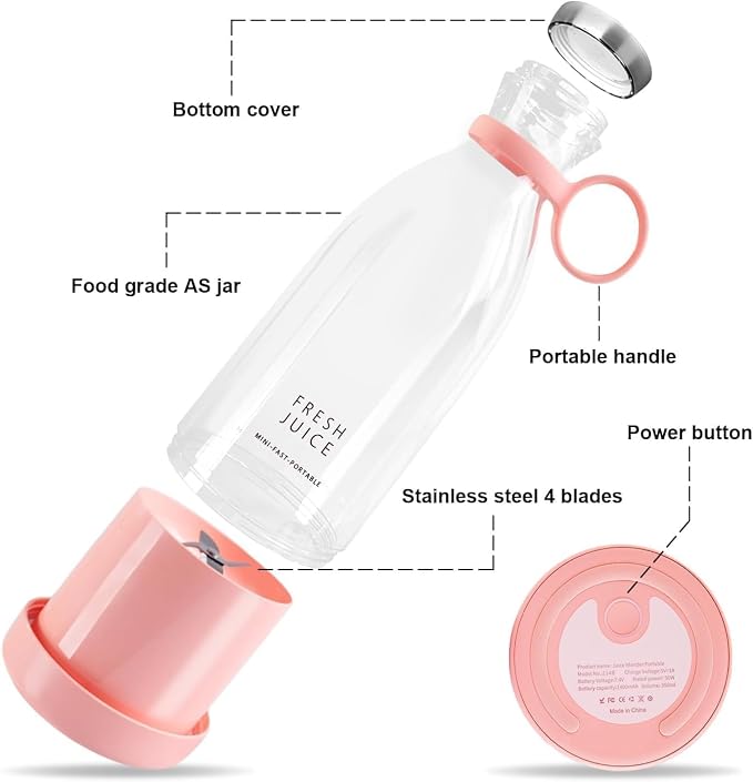 Portable Bottle Juicer Blender 350ML USB Rechargeable Personal Smoothie Maker with 4 Stainless Steel Blades | Fruit Juice Mixer Bottle for Milkshake Protein Shake Travel Gym Home