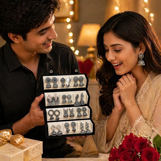 Mirakii Jewels Trending 12 Pairs Traditional Oxidized & Gold-Plated Jhumka Earrings Alloy Chandbali Earring, Earring Set, Jhumki Earring