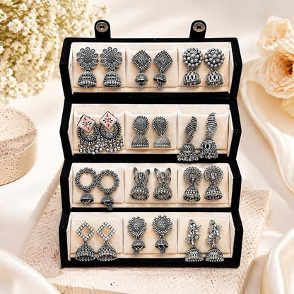 Mirakii Jewels Trending 12 Pairs Traditional Oxidized & Gold-Plated Jhumka Earrings Alloy Chandbali Earring, Earring Set, Jhumki Earring