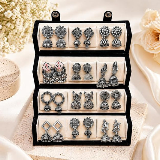 Mirakii Jewels Trending 12 Pairs Traditional Oxidized & Gold-Plated Jhumka Earrings Alloy Chandbali Earring, Earring Set, Jhumki Earring
