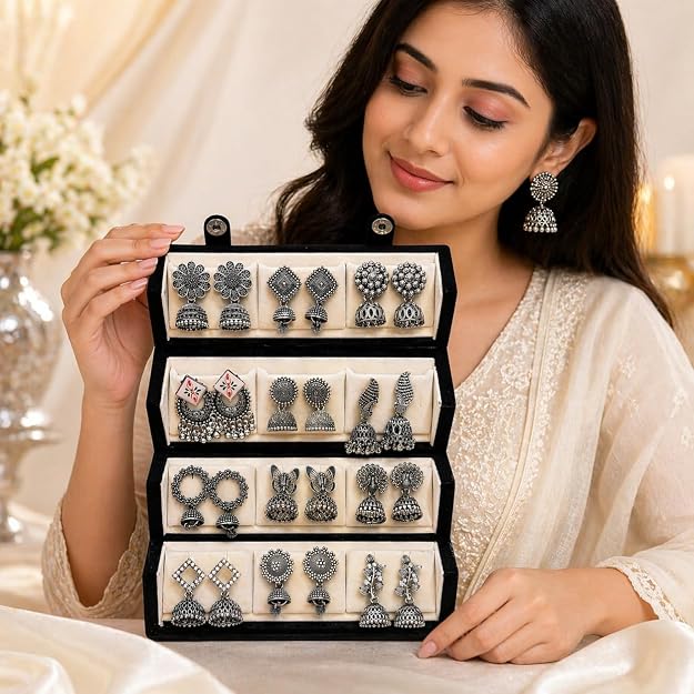 Mirakii Jewels Trending 12 Pairs Traditional Oxidized & Gold-Plated Jhumka Earrings Alloy Chandbali Earring, Earring Set, Jhumki Earring