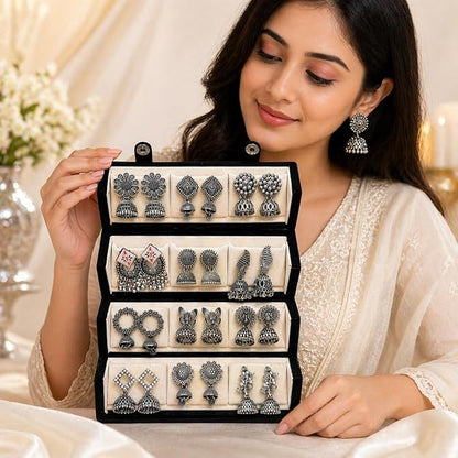Mirakii Jewels Trending 12 Pairs Traditional Oxidized & Gold-Plated Jhumka Earrings Alloy Chandbali Earring, Earring Set, Jhumki Earring