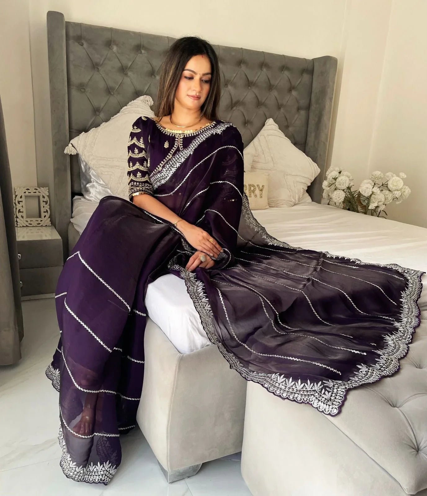Beautiful Mirror Work Saree with Free Blouse | Premium Elegant Collection