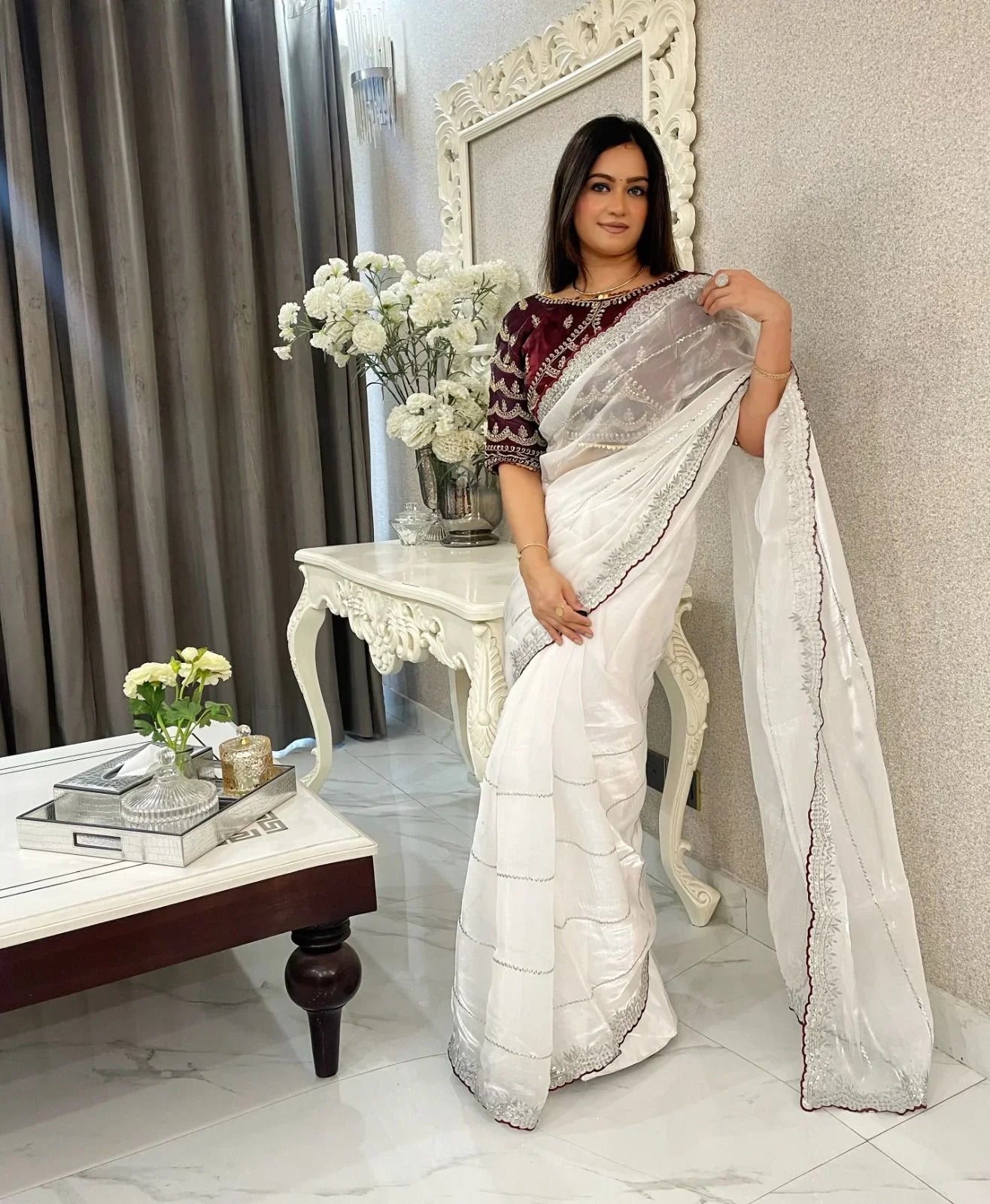 Beautiful Mirror Work Saree with Free Blouse | Premium Elegant Collection