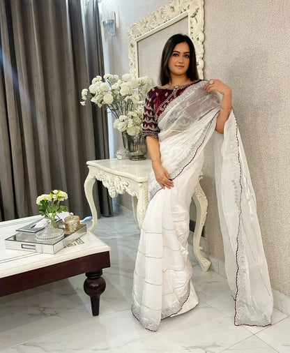 Beautiful Mirror Work Saree with Free Blouse | Premium Elegant Collection