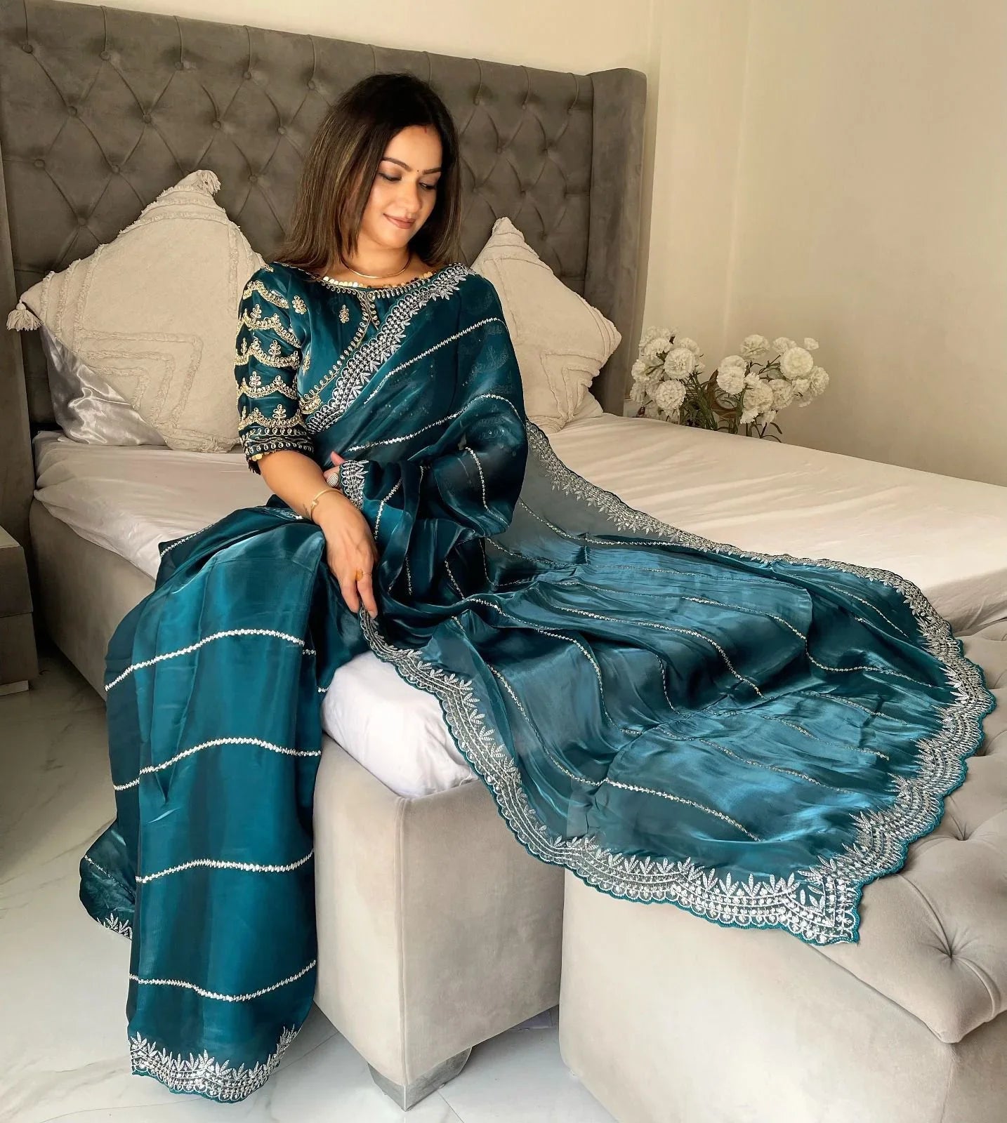 Beautiful Mirror Work Saree with Free Blouse | Premium Elegant Collection