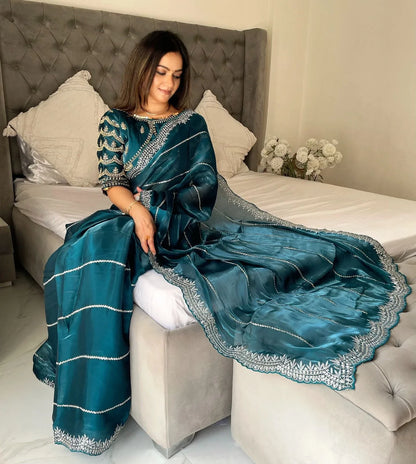 Beautiful Mirror Work Saree with Free Blouse | Premium Elegant Collection