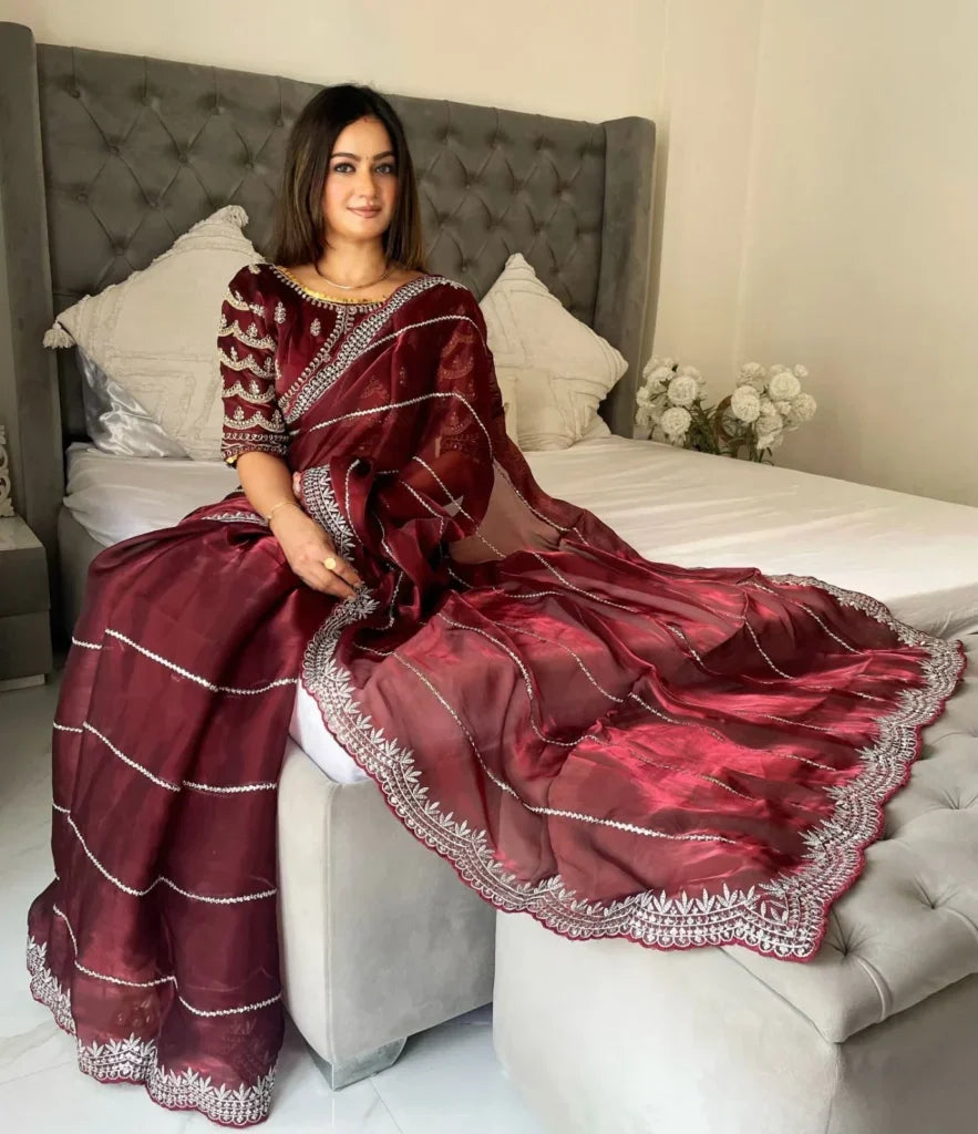 Beautiful Mirror Work Saree with Free Blouse | Premium Elegant Collection