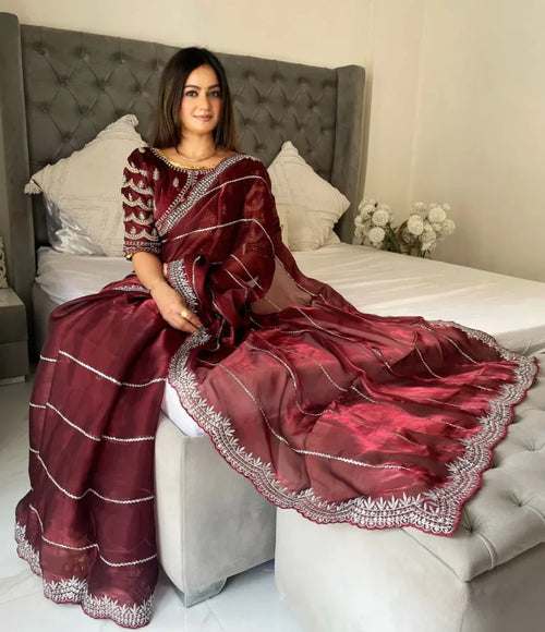 Beautiful Mirror Work Saree with Free Blouse | Premium Elegant Collection