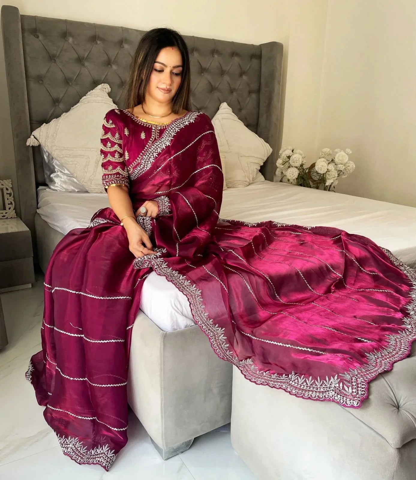Beautiful Mirror Work Saree with Free Blouse | Premium Elegant Collection