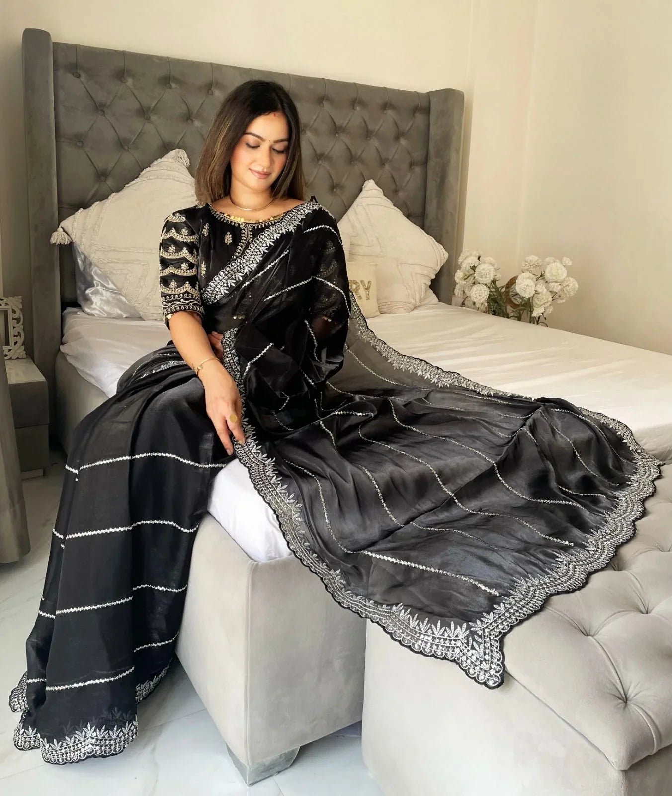 Beautiful Mirror Work Saree with Free Blouse | Premium Elegant Collection
