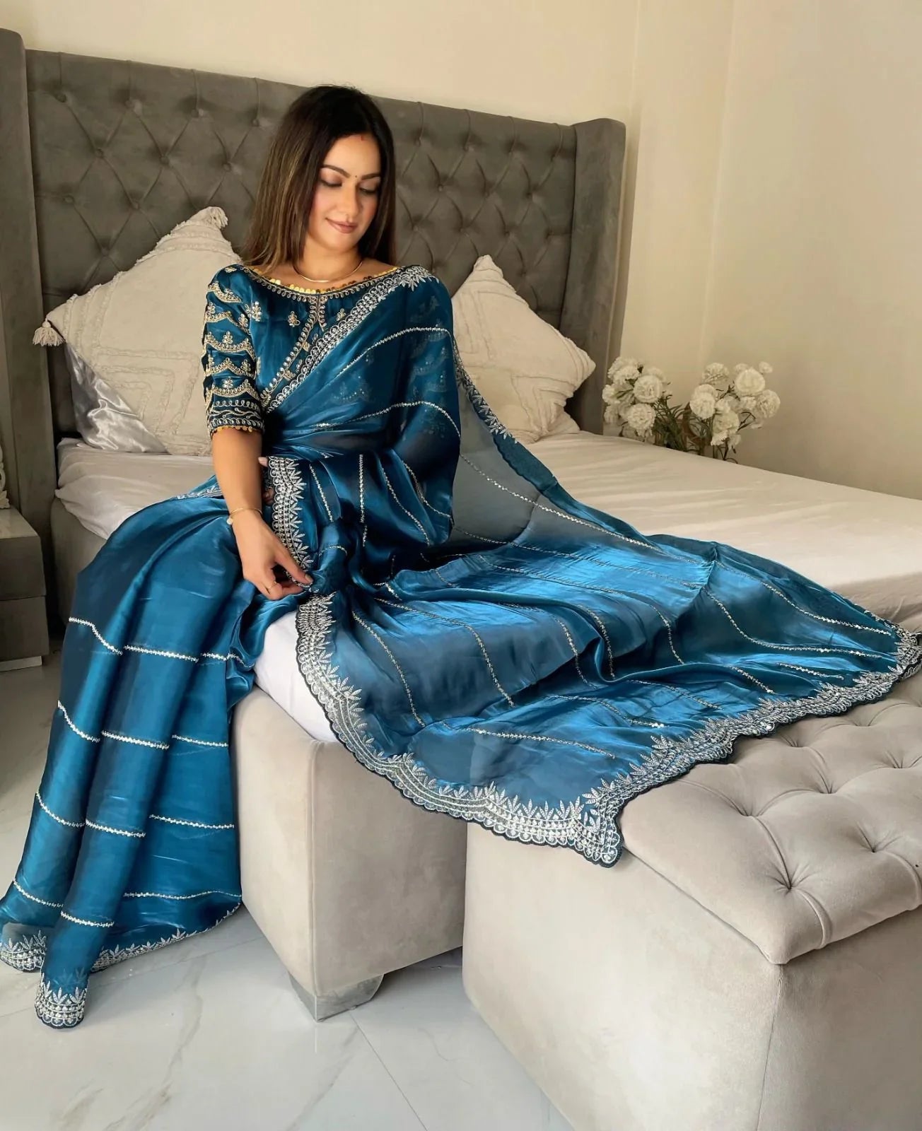Beautiful Mirror Work Saree with Free Blouse | Premium Elegant Collection