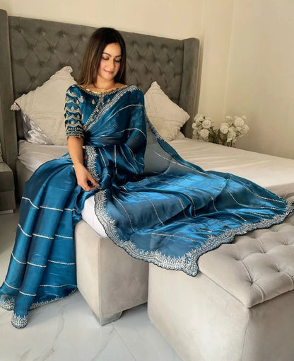 Beautiful Mirror Work Saree with Free Blouse | Premium Elegant Collection